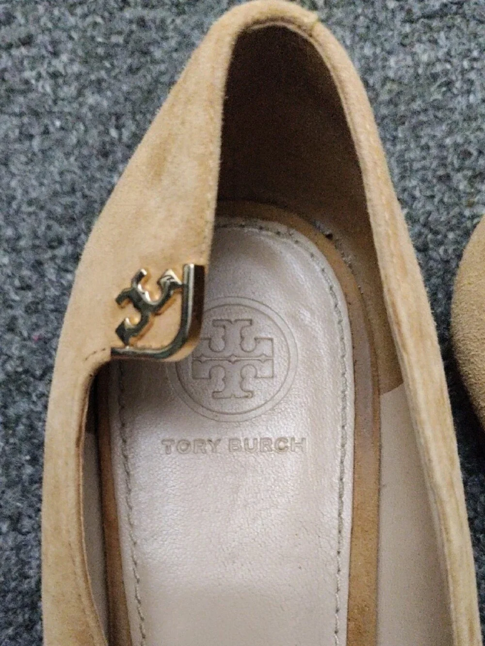 Tory Burch Camel/Tan Pointed Suede Ballet Flats with Logo Accent